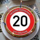 Tortenaufleger Fototorte Tortenbild Warnschild 20. Geburtstag rund 20 cm GB04 (Zuckerpapier)