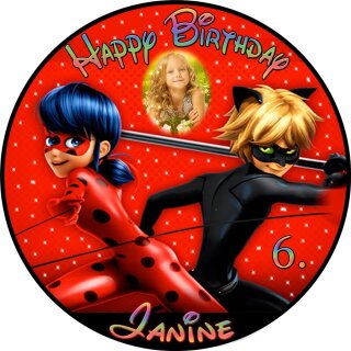 Tortenaufleger Fototorte Tortenbild Kindergeburtstag Miraculous - Geschichten von Ladybug und Cat Noir MC01 (Zuckerpapier) Rund 20 cm Ø mit Foto