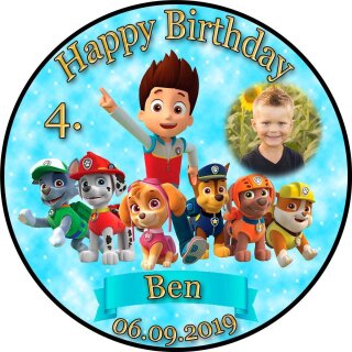Tortenaufleger Fototorte Tortenbild Kindergeburtstag Paw Patrol PP02 (Zuckerpapier) Rund 14 cm Ø mit Banner & Foto Türkis