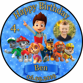 Tortenaufleger Fototorte Tortenbild Kindergeburtstag Paw Patrol PP02 (Zuckerpapier) Rund 20 cm Ø mit Banner & Foto Blau