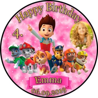 Tortenaufleger Fototorte Tortenbild Kindergeburtstag Paw Patrol PP02 (Zuckerpapier) Rund 20 cm Ø mit Banner & Foto Pink
