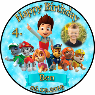 Tortenaufleger Fototorte Tortenbild Kindergeburtstag Paw Patrol PP02 (Zuckerpapier) Rund 20 cm Ø mit Banner & Foto Türkis