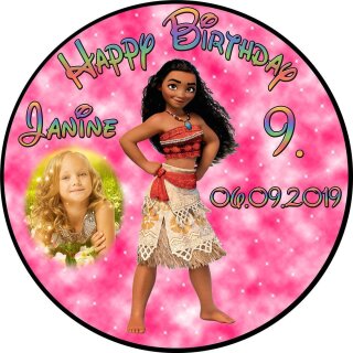 Tortenaufleger Fototorte Tortenbild Kindergeburtstag Vaiana VA01 (Zuckerpapier) Rund 14 cm Ø mit Foto Pink