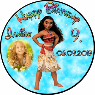 Tortenaufleger Fototorte Tortenbild Kindergeburtstag Vaiana VA01 (Zuckerpapier) Rund 14 cm Ø mit Foto Türkis