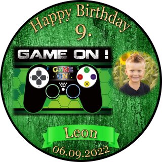 Tortenaufleger Fototorte Tortenbild Kindergeburtstag Game On Gamer GO01 (Zuckerpapier) Rund 14 cm Ø mit Foto