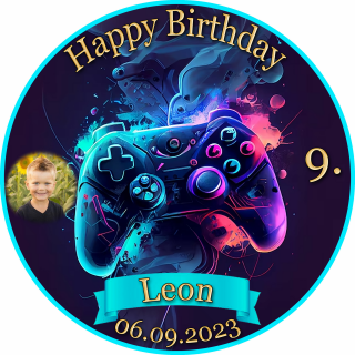 Tortenaufleger Fototorte Tortenbild Kindergeburtstag Game On Gamer GO02 (Zuckerpapier) Rund 20 cm Ø mit Foto