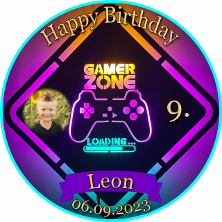 Tortenaufleger Fototorte Tortenbild Kindergeburtstag Game On Gamer GO03 (Zuckerpapier) Rund 14 cm Ø mit Foto