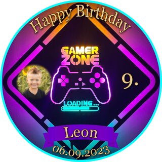 Tortenaufleger Fototorte Tortenbild Kindergeburtstag Game On Gamer GO03 (Zuckerpapier) Rund 20 cm Ø mit Foto