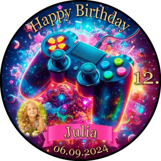 Tortenaufleger Fototorte Tortenbild Kindergeburtstag Game On Gamer GO04 (Zuckerpapier) Rund 14 cm Ø mit Foto