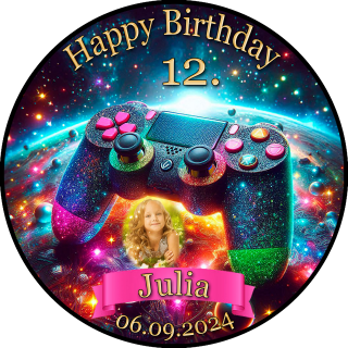 Tortenaufleger Fototorte Tortenbild Kindergeburtstag Game On Gamer GO05 (Zuckerpapier) Rund 14 cm Ø mit Foto