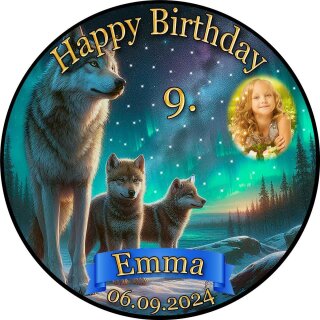 Tortenaufleger Fototorte Tortenbild Geburtstag Party Polarlichter Wolf Wölfe WÖ08 (Zuckerpapier) Rund 20 cm Ø mit Foto
