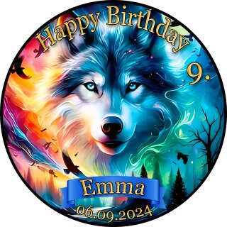 Tortenaufleger Fototorte Tortenbild Geburtstag Party Polarlichter Wolf Wölfe WÖ09 (Zuckerpapier) Rund 20 cm Ø ohne Foto