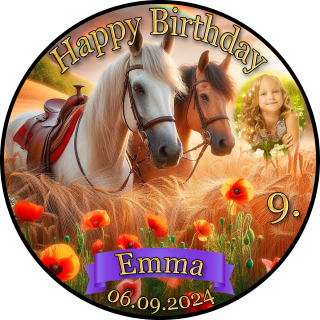 Tortenaufleger Fototorte Tortenbild Geburtstag Party Pferd Pferde Mohn Regenbogen PF02 (Zuckerpapier) Rund 20 cm Ø mit Foto