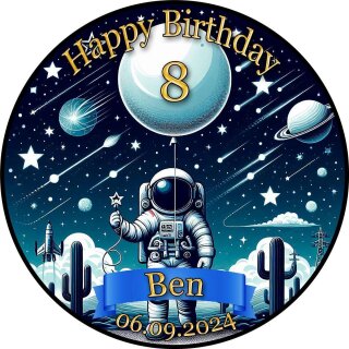 Tortenaufleger Fototorte Tortenbild Geburtstag Astronaut Mond Rakete Sterne Weltraum WR04 (Zuckerpapier)