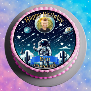 Tortenaufleger Fototorte Tortenbild Geburtstag Astronaut Mond Rakete Sterne Weltraum WR04 (Zuckerpapier)