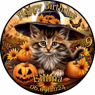 Tortenaufleger Fototorte Tortenbild Geburtstag Halloween Katze Hexenhut Kürbis Herbst Sonnenblume HW35 (Zuckerpapier)