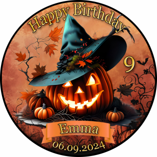 Tortenaufleger Fototorte Tortenbild Geburtstag Halloween Kürbis sprechender Hut Herbst Gruselig HW39 (Zuckerpapier)