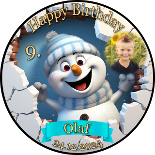 3D Tortenaufleger Fototorte Tortenbild Geburtstag Party Weihnachten Christmas Xmas Schneemann Olaf WN09 (Zuckerpapier) Rund 14 cm Ø mit Foto