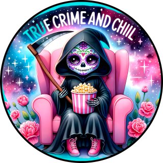 Tortenaufleger Tortendeko Fototorte Tortenbild Halloween Gruselparty Sensemann True Crime and Chill 20cm rund HW40