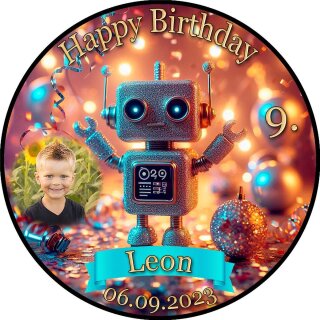 Tortenaufleger Tortendeko Fototorte Tortenbild Geburtstag Roboter Zuckerbild RO01 Rund 14 cm Ø mit Foto