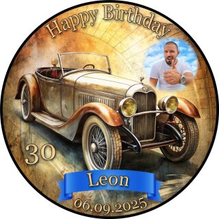 Tortenaufleger Tortendeko Fototorte Tortenbild Geburtstag Happy Birthday Auto Oldtimer Vintage VI01 Rund 14 cm Ø mit Foto
