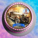 Tortenaufleger Tortendeko Fototorte Tortenbild Geburtstag Happy Birthday Auto Oldtimer Vintage VI01 Rund 14 cm Ø mit Foto