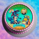 Tortenaufleger Tortendeko Fototorte Tortenbild Dinosaurier Einschulung Schulanfang Mein 1. Schultag Schuleinführung SE03 (Zuckerpapier)