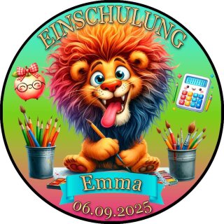 Tortenaufleger Tortendeko Fototorte Tortenbild Löwe Einschulung Schulanfang Mein 1. Schultag Schuleinführung SE05 (Zuckerpapier) Rund 14 cm Ø ohne Foto