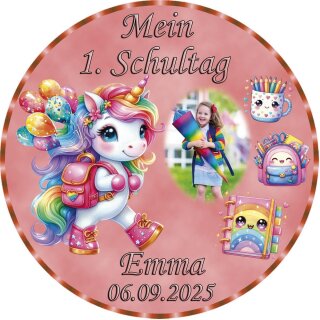 Tortenaufleger Tortendeko Fototorte Tortenbild Einhorn Regenbogen Einschulung Schulanfang 1. Schultag Schuleinführung SE06 (Zuckerpapier) Rund 14 cm Ø mit Foto