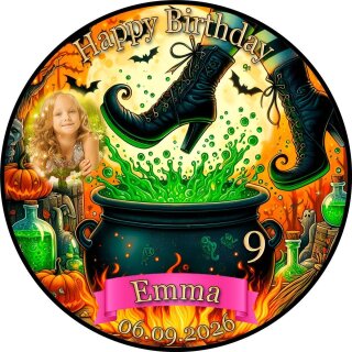 Tortenaufleger Tortendeko Fototorte Tortenbild Geburtstag Halloween Hexe Kessel Zaubertrank HW41 (Zuckerpapier) Rund 20 cm Ø mit Foto