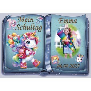 Tortenaufleger Tortendeko Fototorte Tortenbild Einhorn Regenbogen Einschulung Schulanfang 1. Schultag Schuleinführung SE07 (Zuckerpapier)