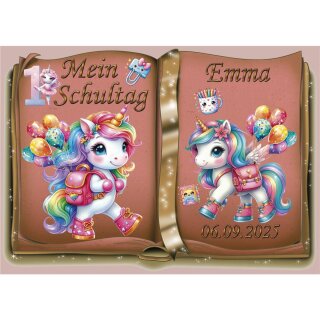 Tortenaufleger Tortendeko Fototorte Tortenbild Einhorn Regenbogen Einschulung Schulanfang 1. Schultag Schuleinführung SE07 (Zuckerpapier) DIN A4 ohne Foto Rot