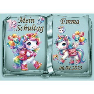 Tortenaufleger Tortendeko Fototorte Tortenbild Einhorn Regenbogen Einschulung Schulanfang 1. Schultag Schuleinführung SE07 (Zuckerpapier) DIN A4 ohne Foto Türkis