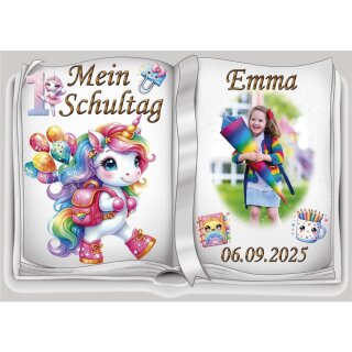 Tortenaufleger Tortendeko Fototorte Tortenbild Einhorn Regenbogen Einschulung Schulanfang 1. Schultag Schuleinführung SE07 (Zuckerpapier) DIN A5 mit Foto Grau