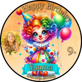 Tortenaufleger Tortendeko Fototorte Tortenbild Geburtstag Party Clownin Karneval Fasching Fastnacht CL02 (Zuckerpapier) Rund 20 cm Ø mit Foto