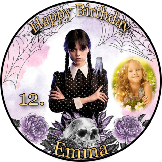 Tortenaufleger Tortendeko Fototorte Tortenbild Geburtstag Party Wednesday WD02 (Zuckerpapier) Rund 14 cm Ø mit Foto