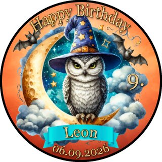 Tortenaufleger Tortendeko Fototorte Tortenbild Geburtstag Halloween Eule Zauberhut Fledermäuse Mond Sterne HW42 (Zuckerpapier)