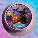 Tortenaufleger Tortendeko Fototorte Tortenbild Geburtstag Halloween schwarze Katze Hexenhut Kürbis Fledermäuse HW44 (Zuckerpapier)