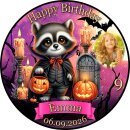 Tortenaufleger Tortendeko Fototorte Tortenbild Geburtstag Halloween Waschbär Vampir Kürbis Fledermäuse Kerzen HW43 (Zuckerpapier) Rund 14 cm Ø mit Foto