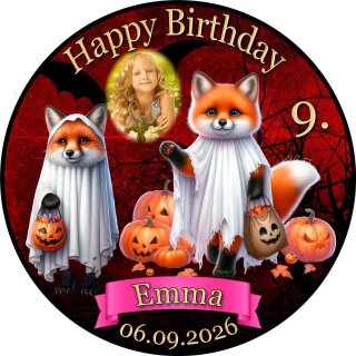 Tortenaufleger Tortendeko Fototorte Tortenbild Geburtstag Halloween Fuchs Kürbis Geist Gespenst HW45 (Zuckerpapier) Rund 14 cm Ø mit Foto