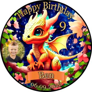Tortenaufleger Tortendeko Fototorte Tortenbild Geburtstag Drache Dragon DR04 (Zuckerpapier) Rund 20 cm Ø mit Foto
