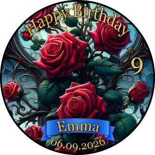 Tortenaufleger Tortendeko Fototorte Geburtstag rote Rosen Buntglasfenster Gothic BL04 (Zuckerpapier)