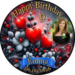 Tortenaufleger Tortendeko Fototorte Geburtstag rote Herzen Blumen Gothic Liebe BL02 (Zuckerpapier) Rund 20 cm Ø mit Foto