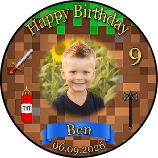 Tortenaufleger Tortendeko Fototorte Tortenbild Geburtstag Party Gamer Pixel Videospiel GO15 (Zuckerpapier) Rund 20 cm Ø mit Foto