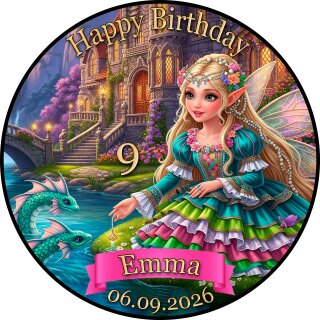 Tortenaufleger Tortendeko Fototorte Tortenbild Geburtstag Einschulung Fee Elfe Märchen Burg Schloss Wasserdrache FT34 (Zuckerpapier)
