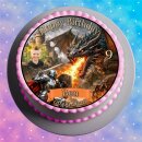 Tortenaufleger Tortendeko Fototorte Tortenbild Geburtstag Party Mittelalter Ritter Schwert Drache Feuer Burg Schloss FT35 (Zuckerpapier) Rund 14 cm Ø ohne Foto