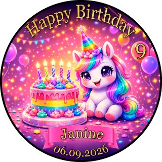 Tortenaufleger Tortendeko Fototorte Tortenbild Geburtstag Party Einhorn Luftballons Neon Regenbogen FT36 (Zuckerpapier)