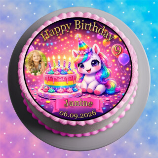 Tortenaufleger Tortendeko Fototorte Tortenbild Geburtstag Party Einhorn Luftballons Neon Regenbogen FT36 (Zuckerpapier)