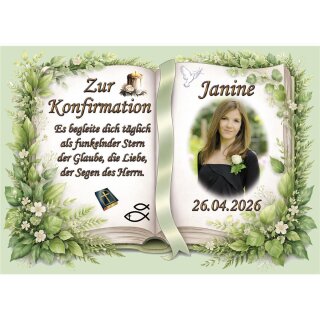 Tortenaufleger Konfirmation Buchform Greenery-Stil Botanisch Floral Aquarell Vintage K35