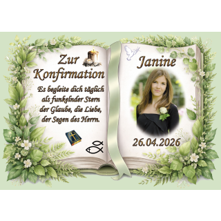 Tortenaufleger Konfirmation Buchform Greenery-Stil Botanisch Floral Aquarell Vintage K35